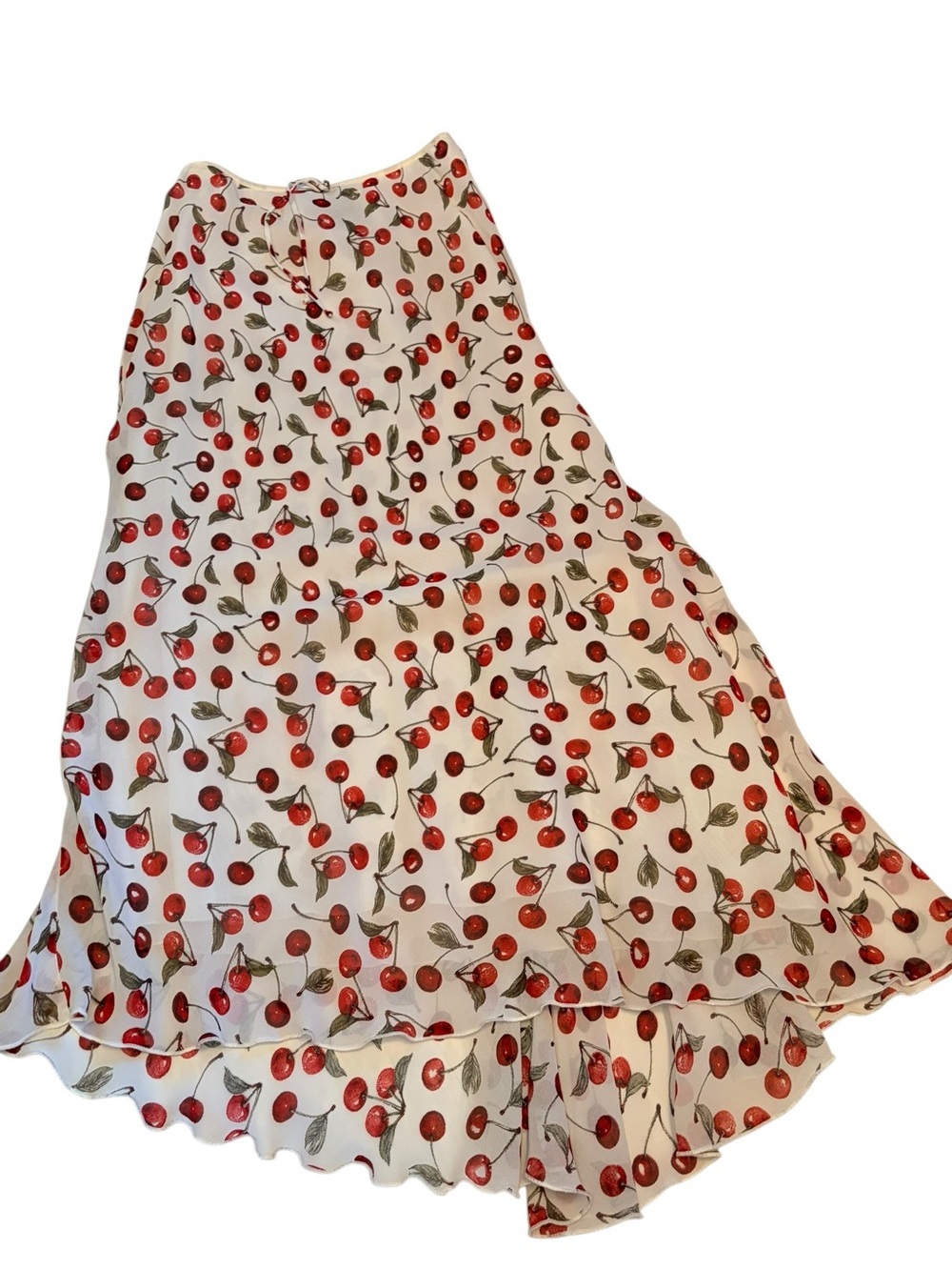 White Cherry Print High-Low Maxi Skirt